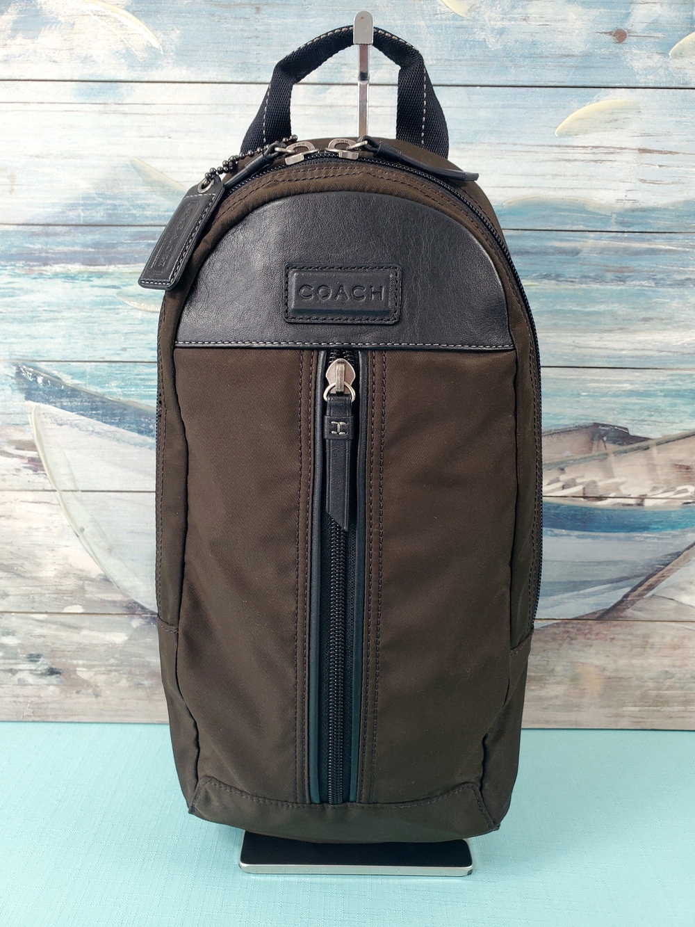 COACH VARICK Nylon & Leather Trim Sling Bag Brown Pockets Adjustable #F70692